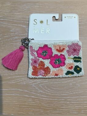 Coin Purse Wallet Floral Zip Pouch Pink, Cream, Orange, Beaded, Sequins